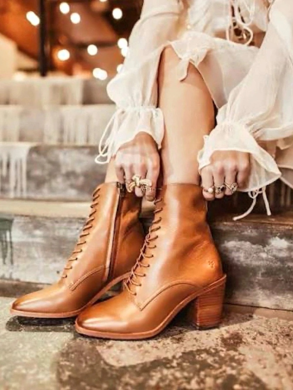Frye Monroe Cognac Leather Heeled Lace Up Boots Size US 9M